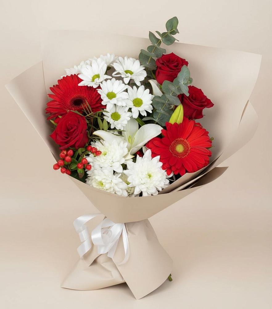Букет цветов из: Розы, Хризантемы, Герберы и Лилии в Нижняя Тавда